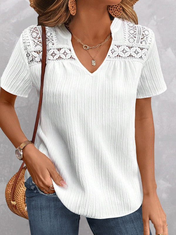 Women's Summer Lace Patchwork V-Neck Hollow-Out Short Sleeve Blouse – Lightweight Casual Elegant Top