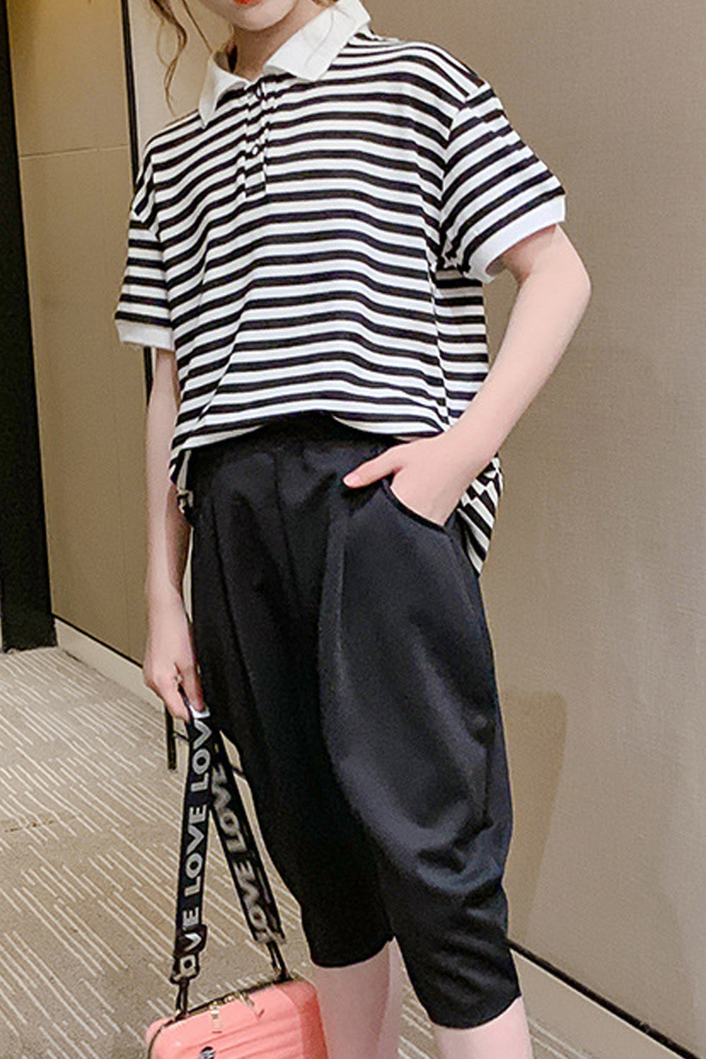 Kids Girls Striped T-shirt Collar Neck Solid Bottom Elastic Waist outfit Set