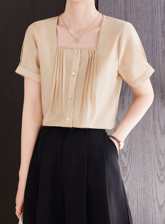 Women's Elegant Apricot Square Collar Shirt - Lightweight Short Sleeve Summer Top