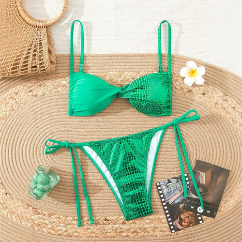 Bright Solid Color Backless Gathered Three-Piece Bikini Set