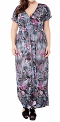 V-Neck Short Sleeve Printed Long Skirt Dress