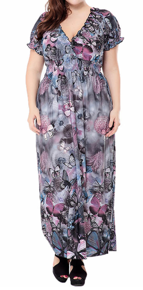 V-Neck Short Sleeve Printed Long Skirt Dress