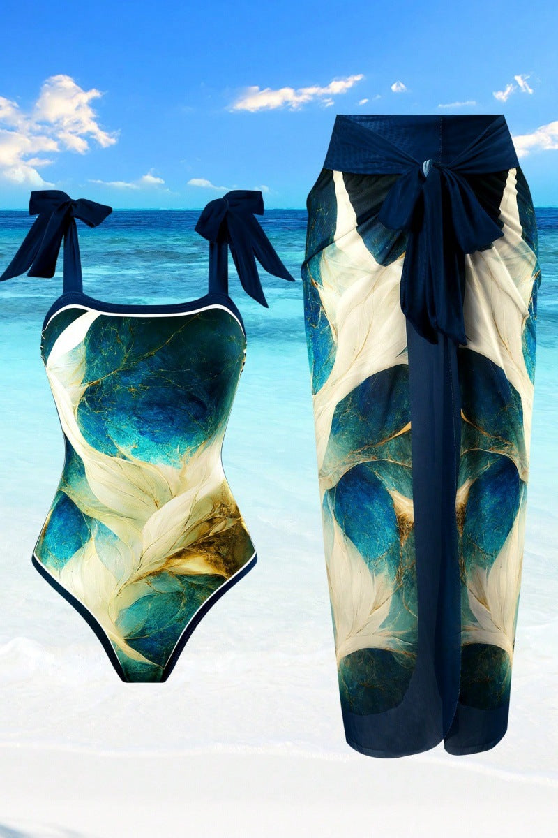 Women’s One-Piece Swimsuit with Mesh Long Skirt – Two-Piece Beach & Pool Set