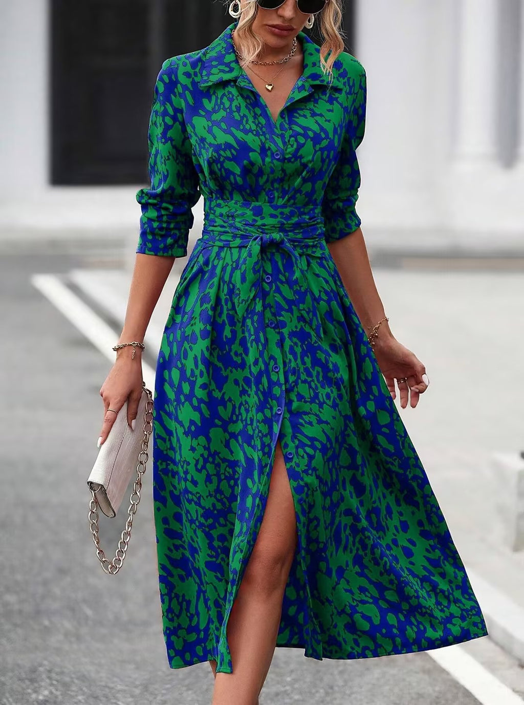 Women's Waist-Cinching Pleated Button-Up Waist-Tie Midi Dress with Collared Neck and Long Sleeves