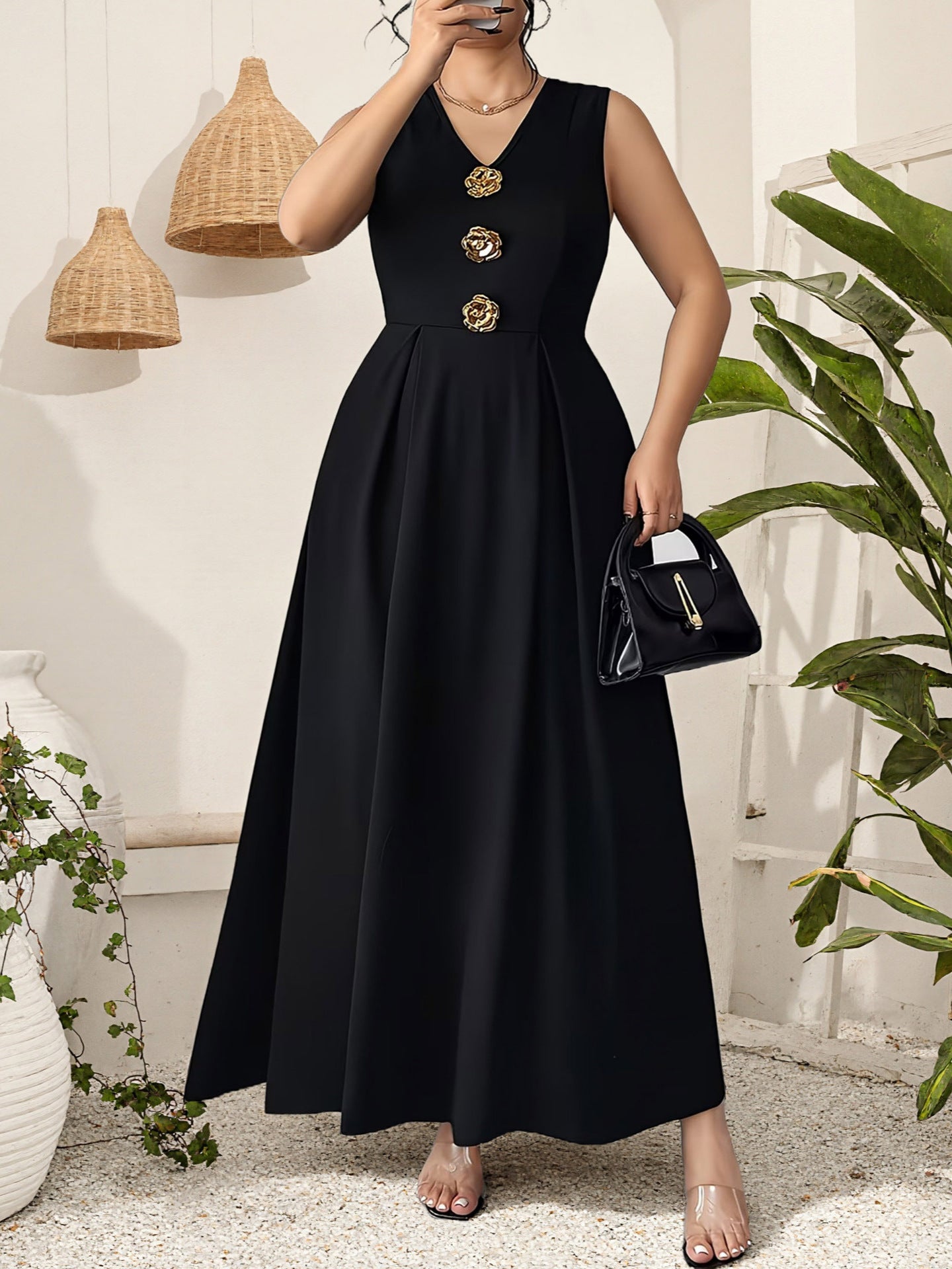 Women's Plus Size Sleeveless V-Neck Waist-Defined Elegant Midi Dress, Fashion Casual Comfort Fit