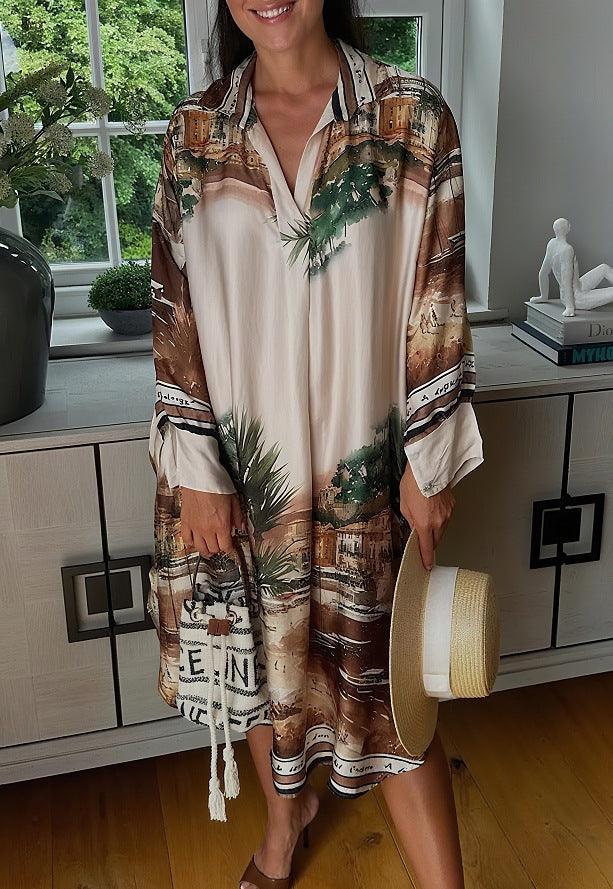 Women's Autumn Printed V-Neck Long Sleeve Loose Casual Dress
