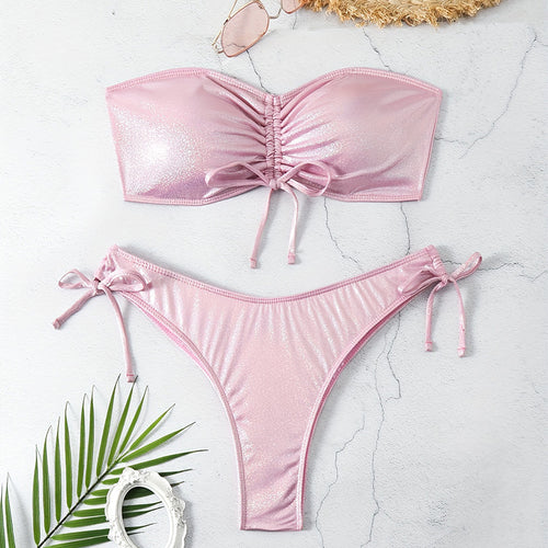 Bikini Split Swimsuit for Women - Drawstring Sling, Solid Color, Reflective Hot Spring Swimwear