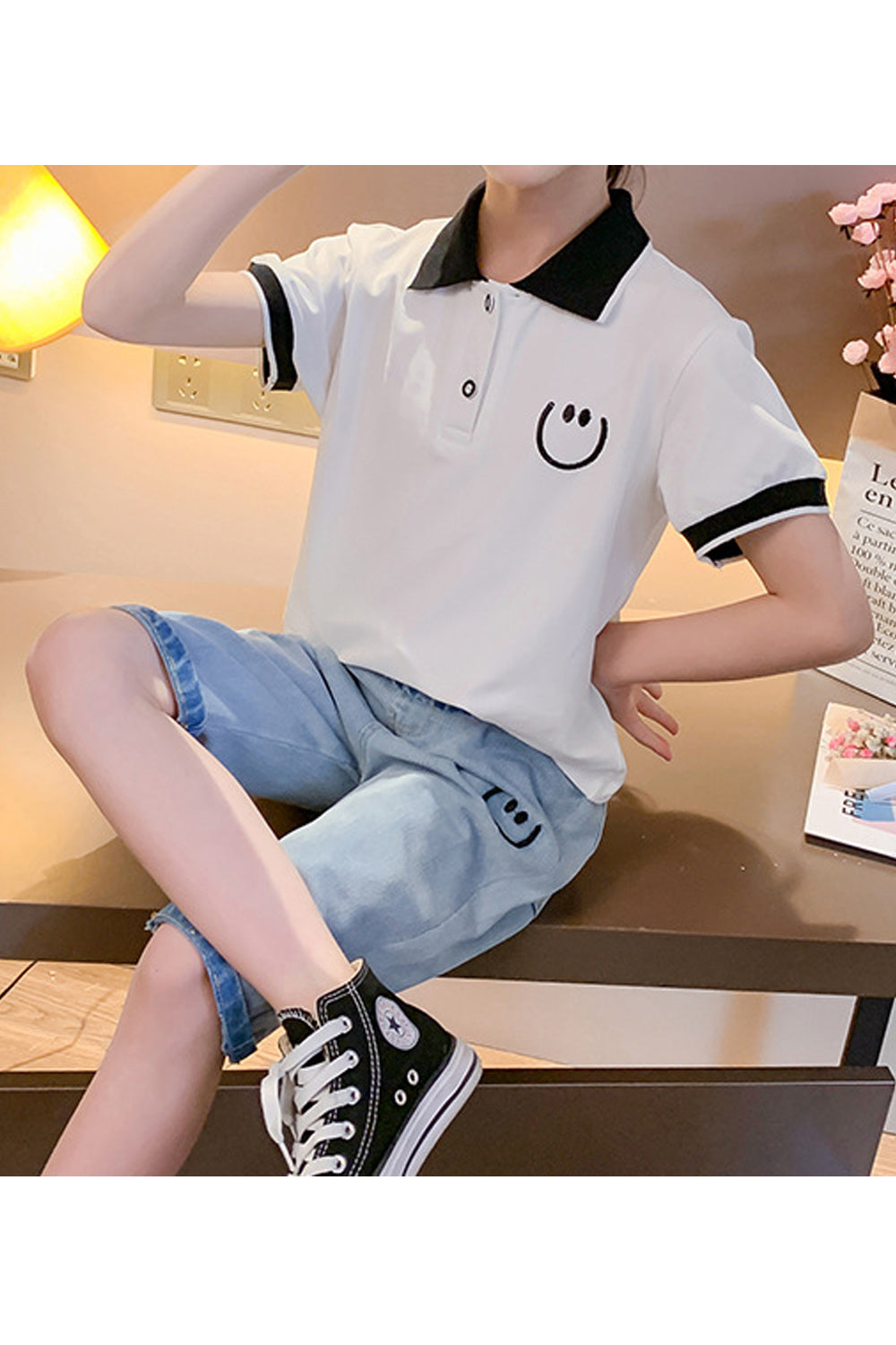Kids Girls Collar Neck Two Piece Relax Fit Casual Summer Outfit Set
