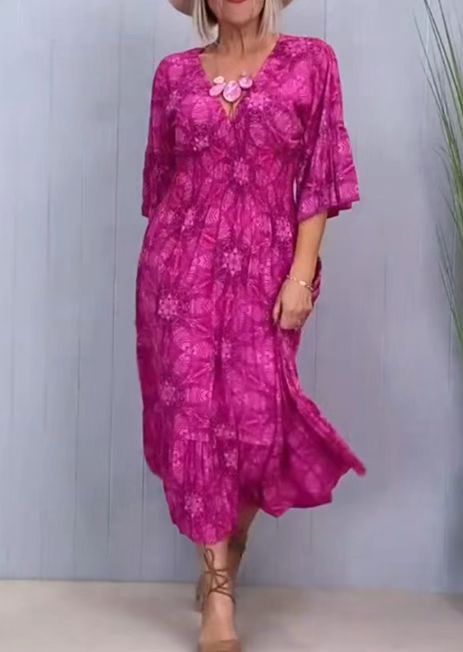 Summer New Printed V Neck Elegant Dress for Women