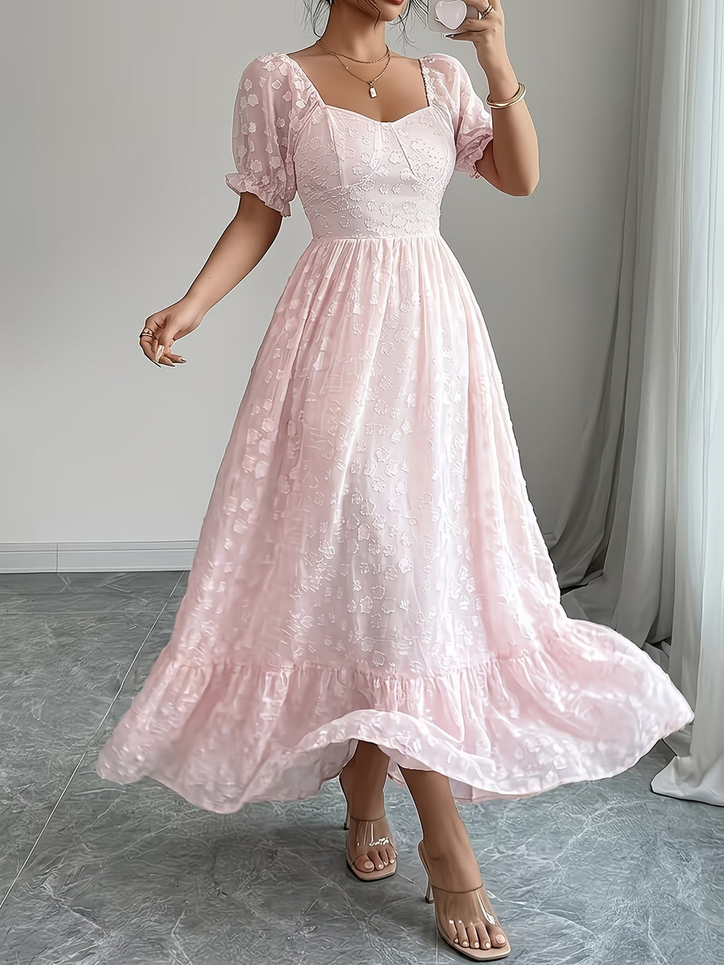 Plus-Size Women's French-Inspired Jacquard Dress with Puff Short Sleeves, Elegant Textured Midi Dress, Comfortable Everyday and