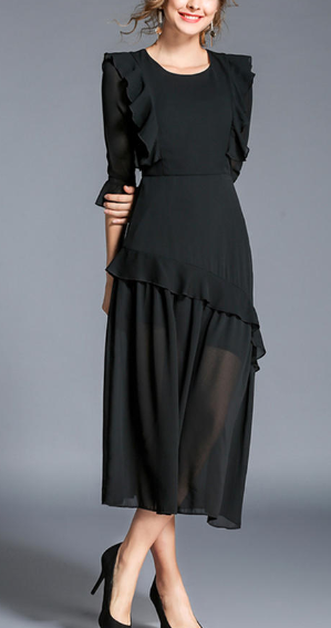 Women Round Neck Ruffled Long Dress