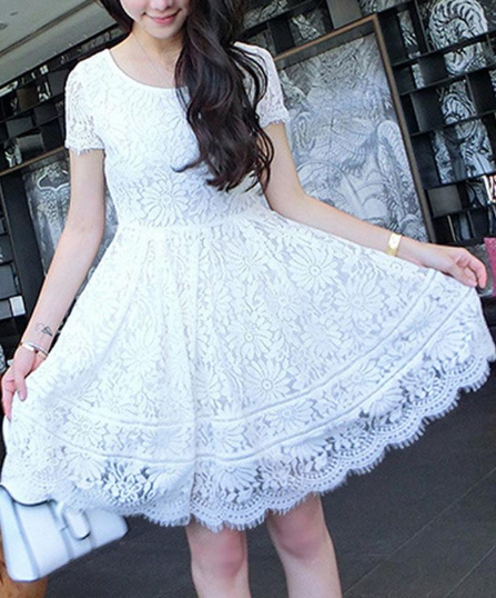 Women White Lace Up Short Sleeve Going Out Dress