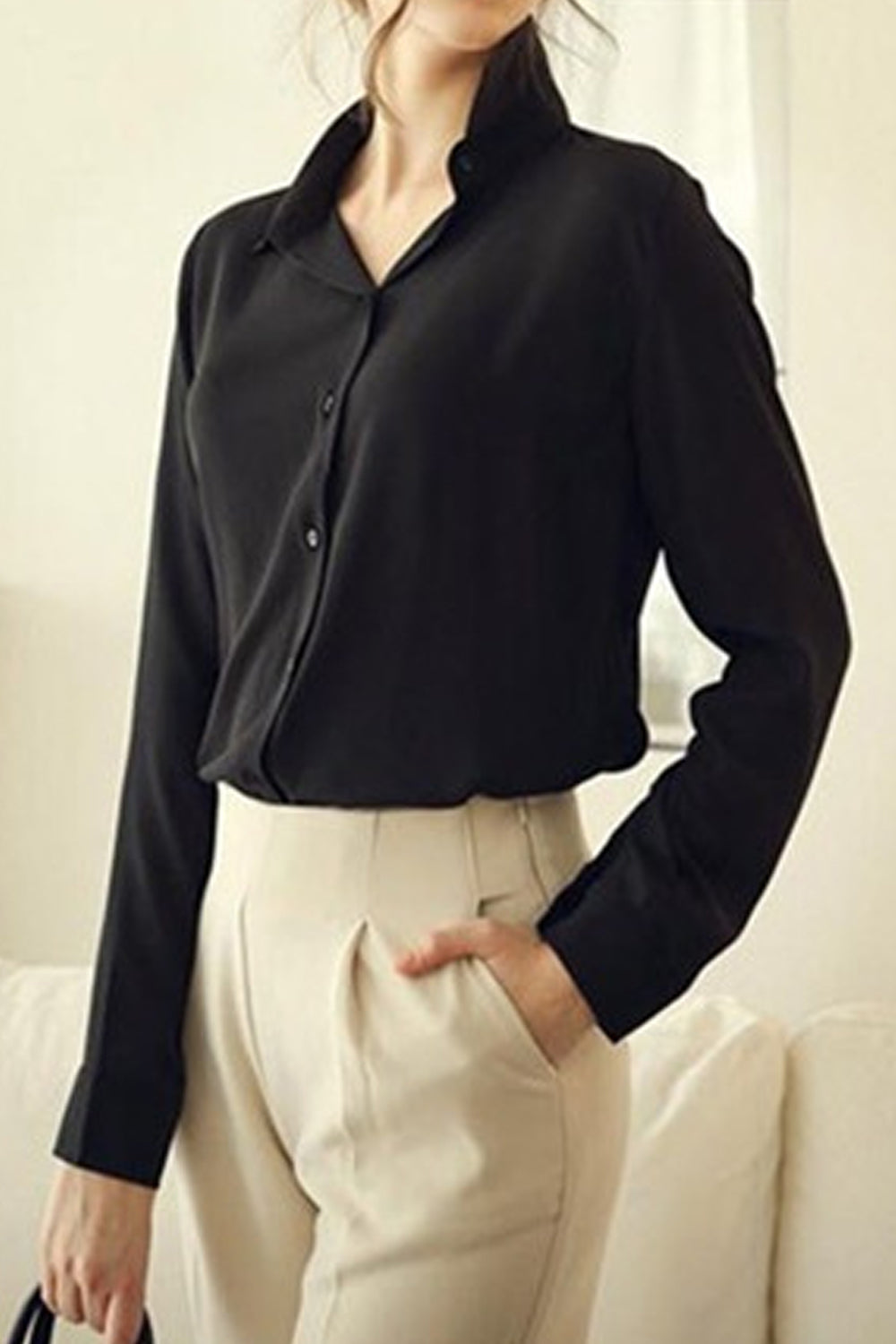 Women Thin Long Sleeve Comfortable Collar Neck Elegent Solid Colored Summer Casual Shirt