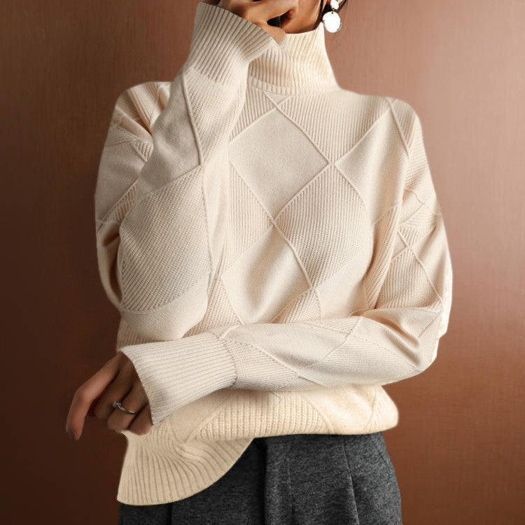 Women's Loose Elegant High-Neck Knitwear - Solid Color Commuter Sweater