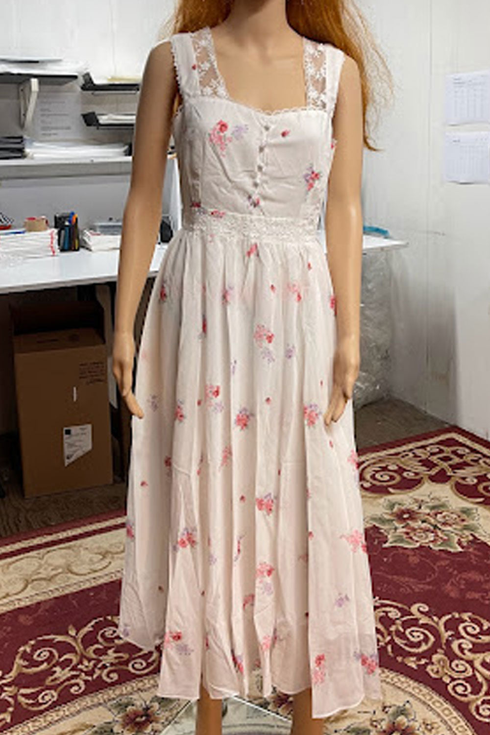 Women Fantastic Lace Crafted Top Attached Printed Pattern Round Neck Short Sleeve Fabulous Swing Dress