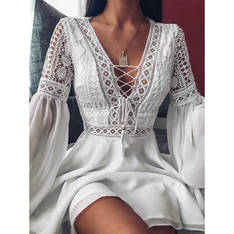 Women’s Chiffon Dress Flying Sleeve Long Sleeve V-Neck Cut-Out Short Skirt Elegant Casual Wear