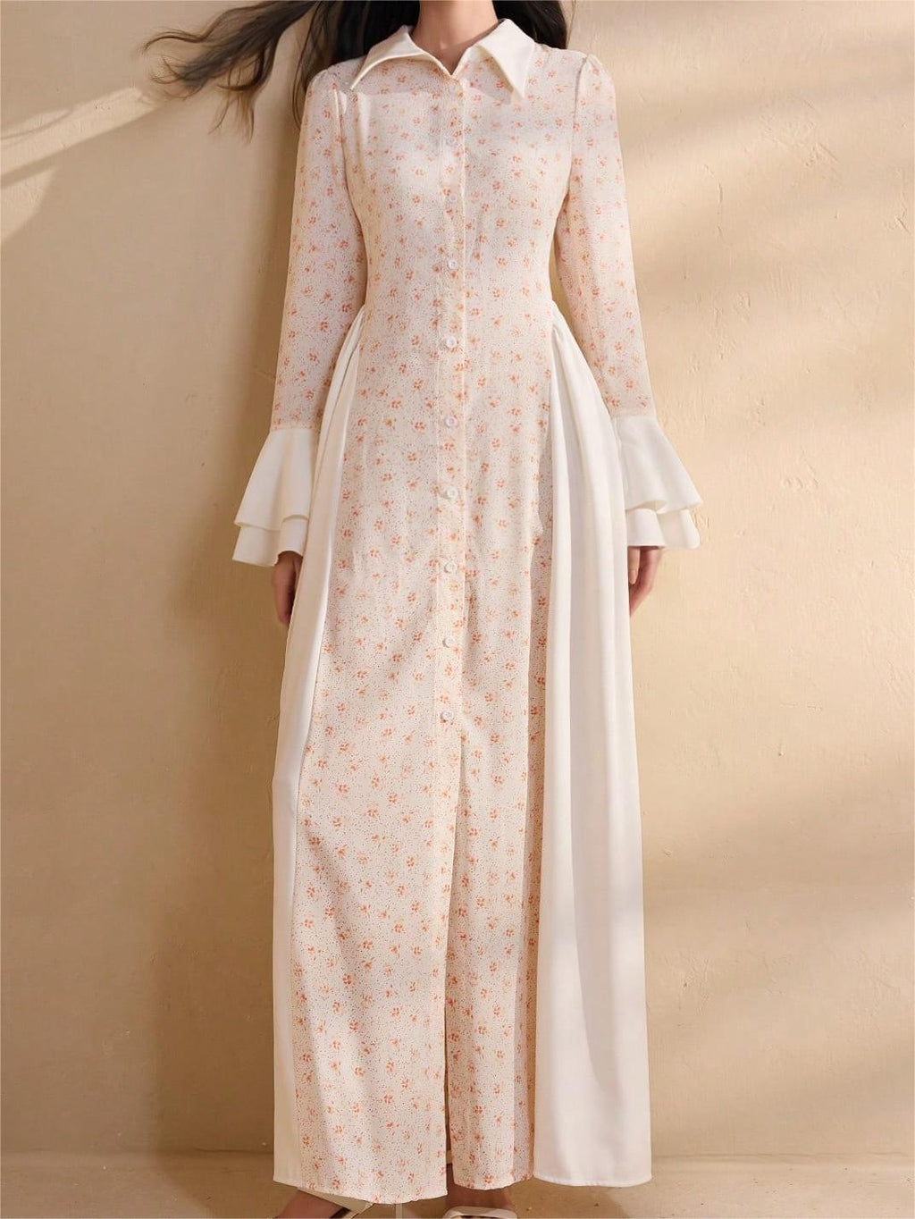 Women's Summer Elegant Long Sleeve Button Front Bell Sleeve Maxi Dress