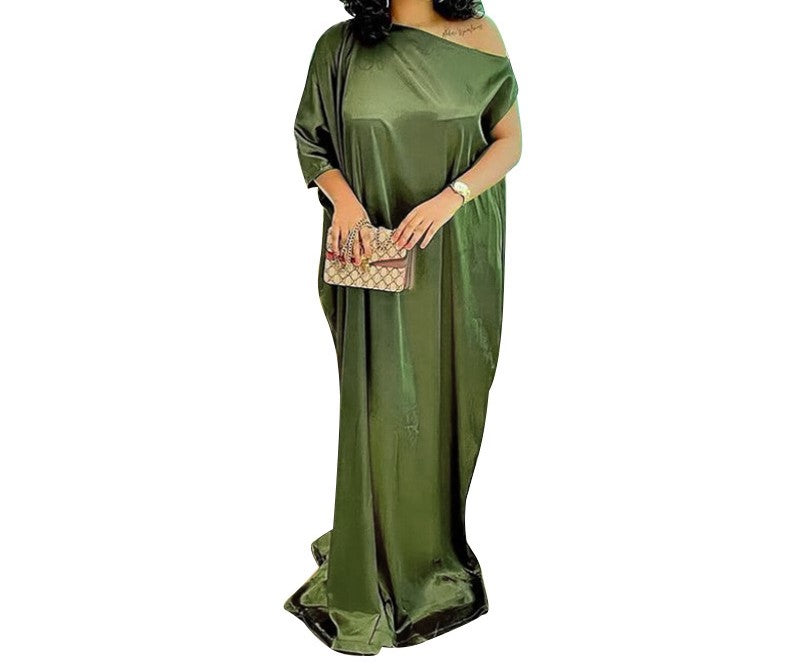 Plus Size Women's Autumn Winter Casual Gold Dress – Short Sleeve, Long Skirt, Elegant Loose Fit for Fat MM
