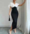 Style Girl Slim Fit Hip Slit Black and White Contrast Cape Dress for Women Elegant Midi Party Dress