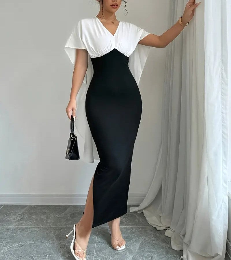 Style Girl Slim Fit Hip Slit Black and White Contrast Cape Dress for Women Elegant Midi Party Dress
