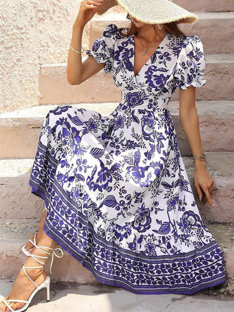 Women's Printed V-Neck Puff Sleeve Dress