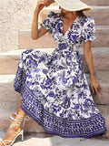 Women's Printed V-Neck Puff Sleeve Dress