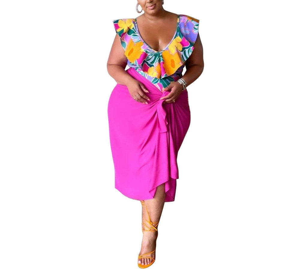 Women's Plus Size Casual V-Neck Printed Jumpsuit Top & Skirt Set – Trendy Two-Piece Outfit