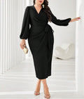 Plus Size Women’s V-Neck Elegant Dress – Slim Fit Waist Design, Simple Temperament Midi Dress for Casual or Formal Occasions