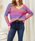 Women's Double Take Multicolored Rib-Knit V-Neck Knit Pullover