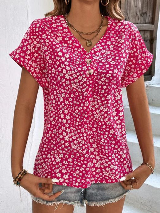 Summer Women's Printed V-Neck Button Front Short Sleeve Casual T-Shirt Top