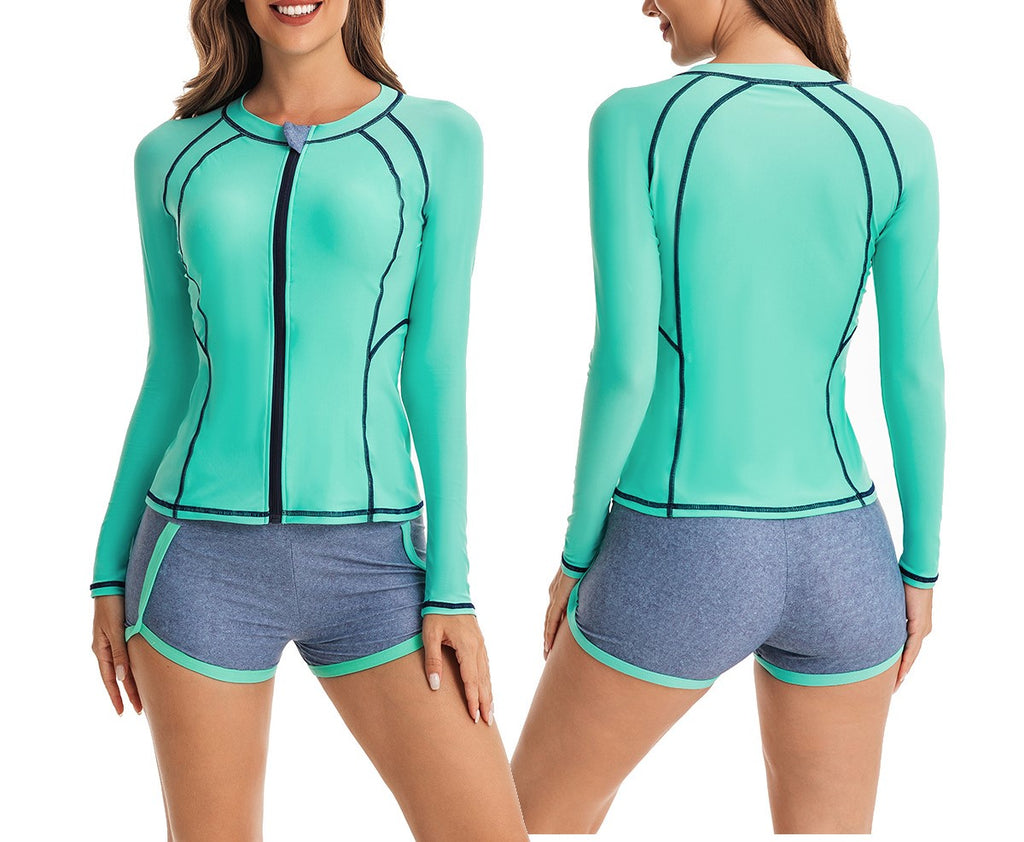 Women's Two-Piece Split Boxer Surfing Swimsuit – Long Sleeve Zipper Tankini Set