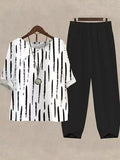 Women's Printed Round Neck Top and Loose Trousers Two-Piece Set