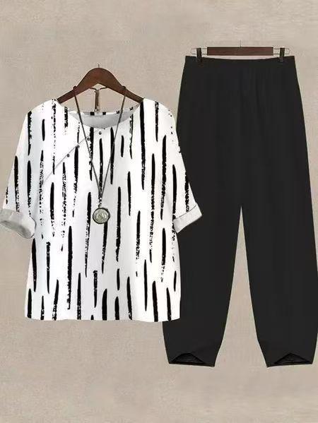 Women's Printed Round Neck Top and Loose Trousers Two-Piece Set
