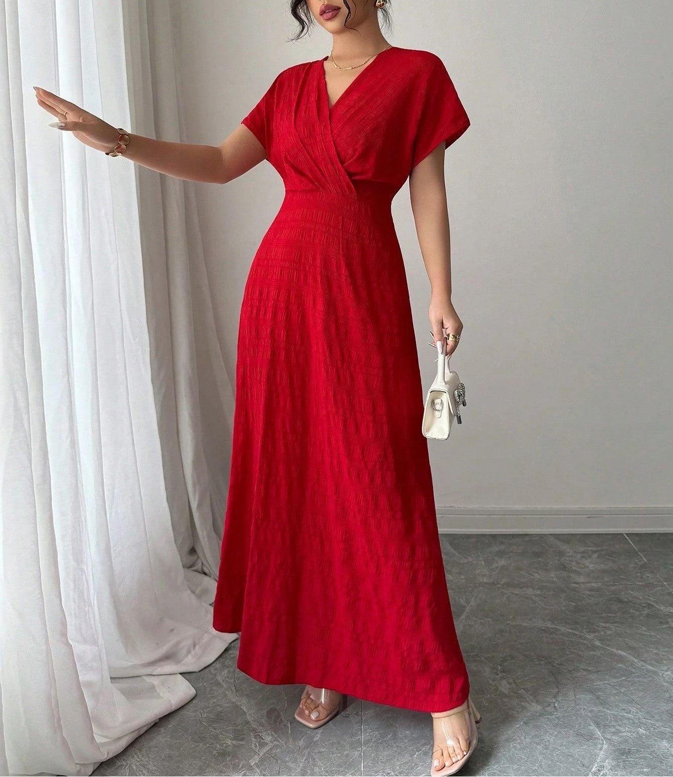 Women's Red V-Neck Pleated Long Dress – Elegant Slim Fit Maxi Dress for Party, Wedding, Evening, Holiday & Special Occasions