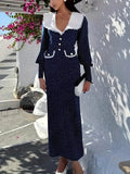 Women's Elegant Contrast Color Lotus Collar Polka Dot Long Sleeve Midi Dress