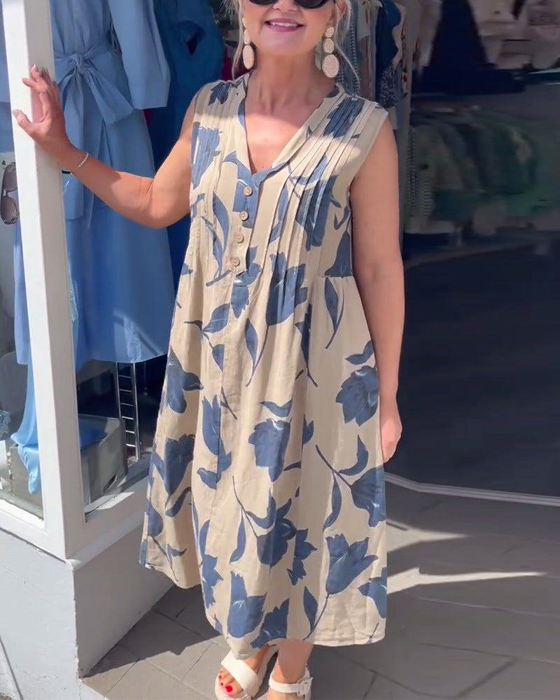 Summer Printed V-Neck Button Front Sleeveless Casual Loose-Fit Dress