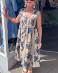 Summer Printed V-Neck Button Front Sleeveless Casual Loose-Fit Dress