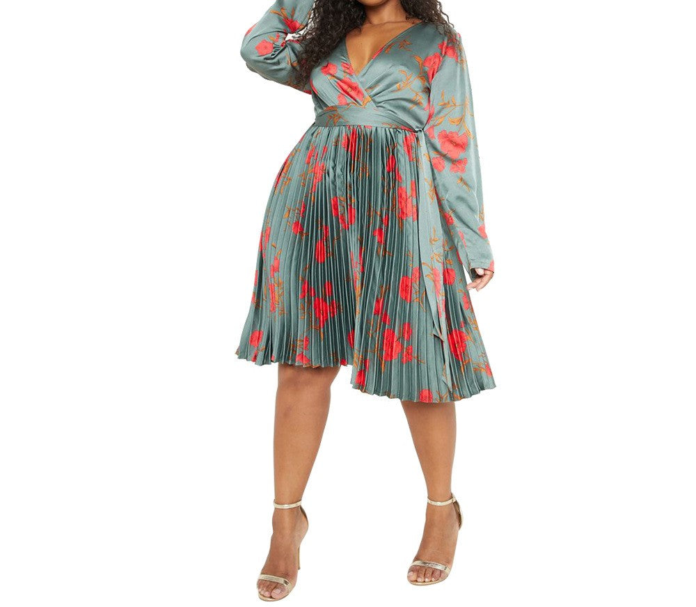 Autumn Floral Dress for Women – Deep V Neck, Pleated Skirt, Elegant Temperament Style