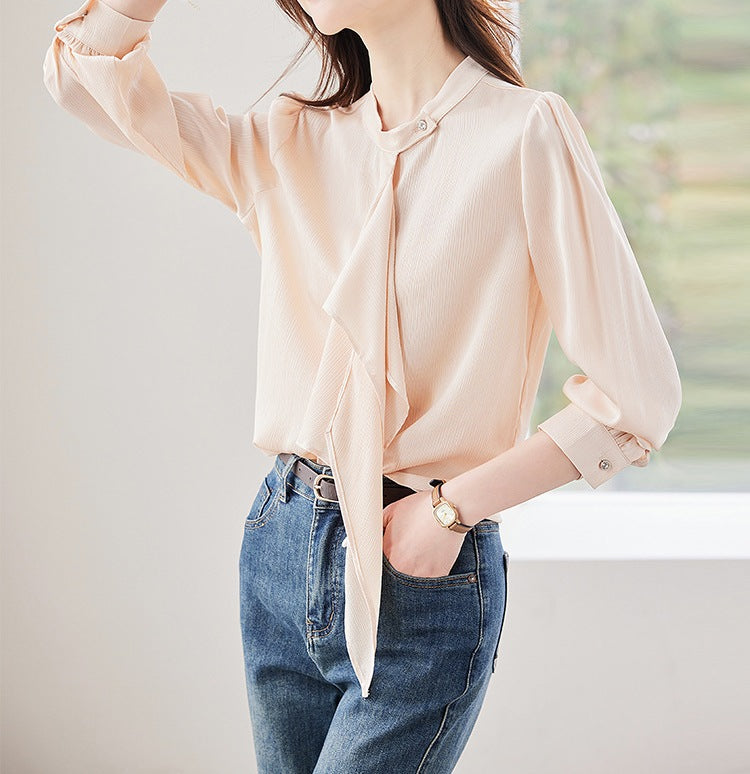 Women's Elegant Ribbon-Tie Long Sleeve Shirt - Premium Spring & Autumn Fashion Blouse