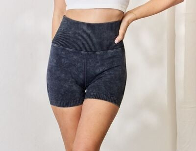 Women's Zenana Washed Wide Waistband High Waist Shorts