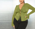 Plus Size Women's Slim-Fit Strappy V-Neck Knitted Long-Sleeve Top – Elegant Commuting Temperament Shirt for Ladies