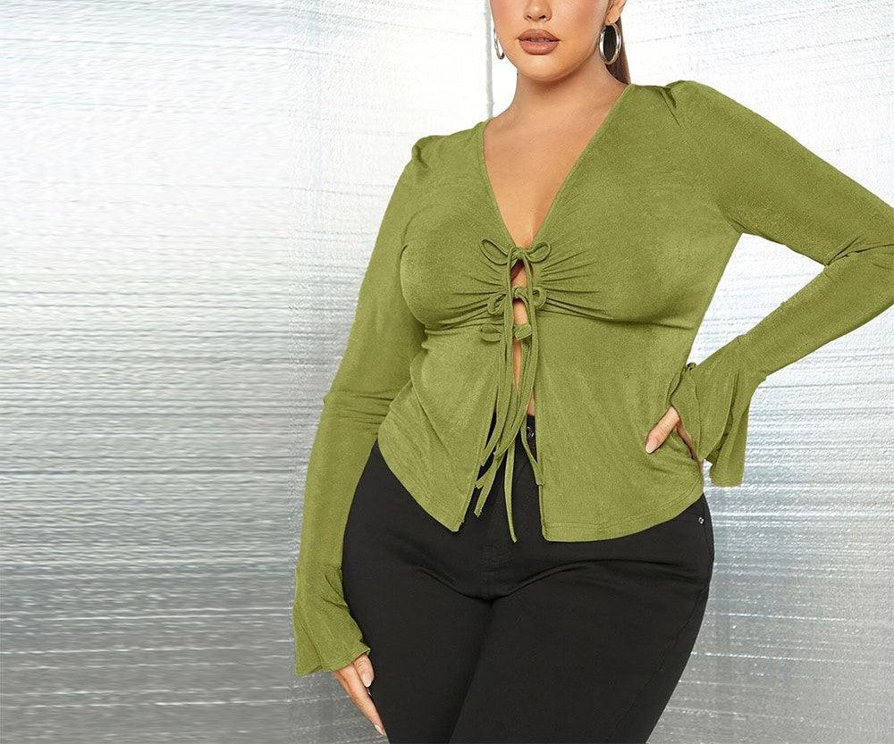Plus Size Women's Slim-Fit Strappy V-Neck Knitted Long-Sleeve Top – Elegant Commuting Temperament Shirt for Ladies
