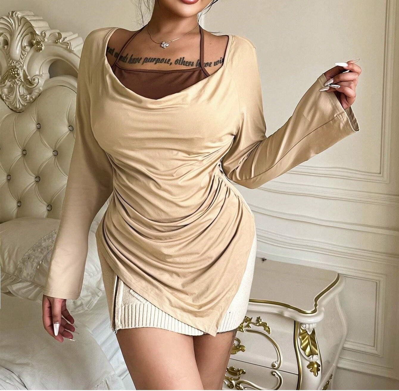Plus Size Women’s American Pure Desire T-Shirt – Autumn & Winter Slim Fit, Soft Stretch Top with Elegant Collar