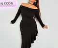 Plus Size Women's Elegant One-Shoulder Ruffled Midi Dress – Autumn & Winter Temperament Style