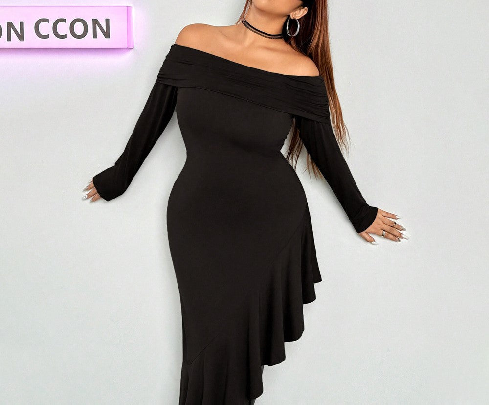 Plus Size Women's Elegant One-Shoulder Ruffled Midi Dress – Autumn & Winter Temperament Style