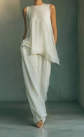 Women's Casual Loose Sleeveless Solid Color Top with Wide-Leg Pants Two-Piece Outfit Set
