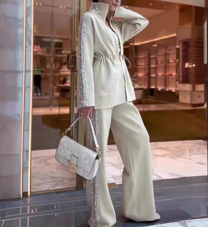 Women's Fashion Drawstring Waist Top and Wide-Leg Pants Two-Piece Set