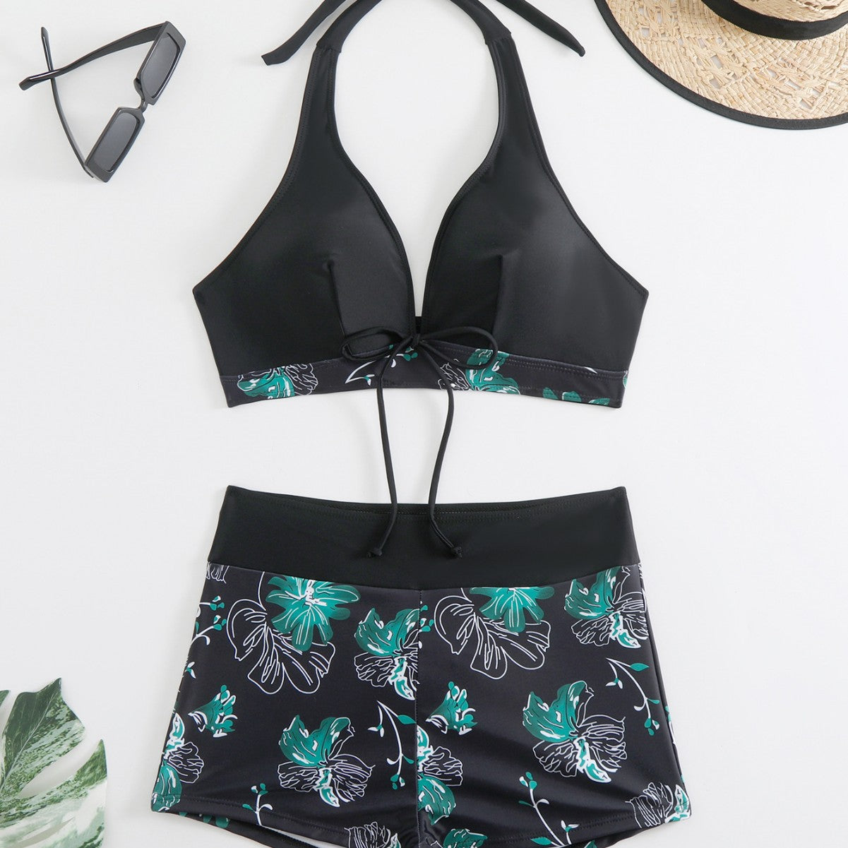 New Women's Split High Waist Printed Bikini Boxer Swimwear Set