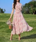 Women's Summer Vacation Long Chiffon Dress with Defined Waist, French Inspired Flowing Maxi Skirt