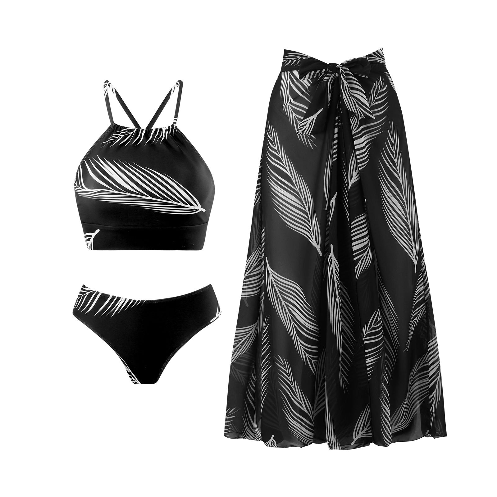 Three-Piece Skirt-Style Sunscreen Swimsuit with Feather Print - Women's Swimsuit